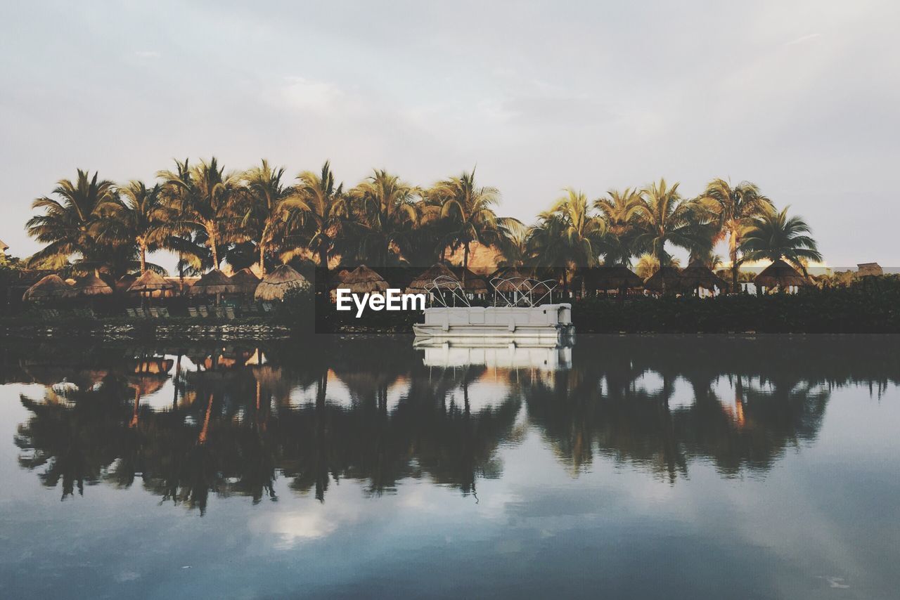 Palm trees and boat reflecting in lake against sky