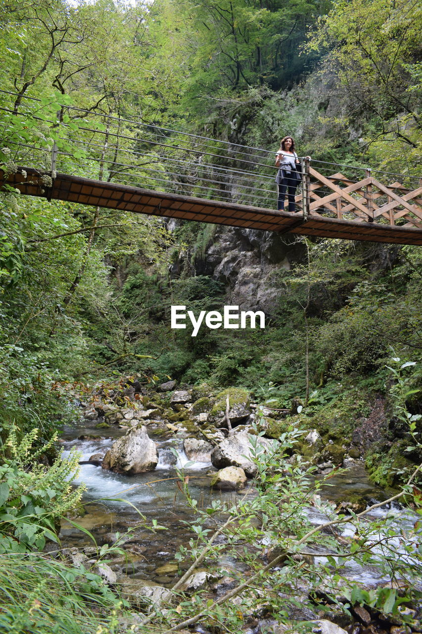 Distant view of woman standing on bridge over river in forest