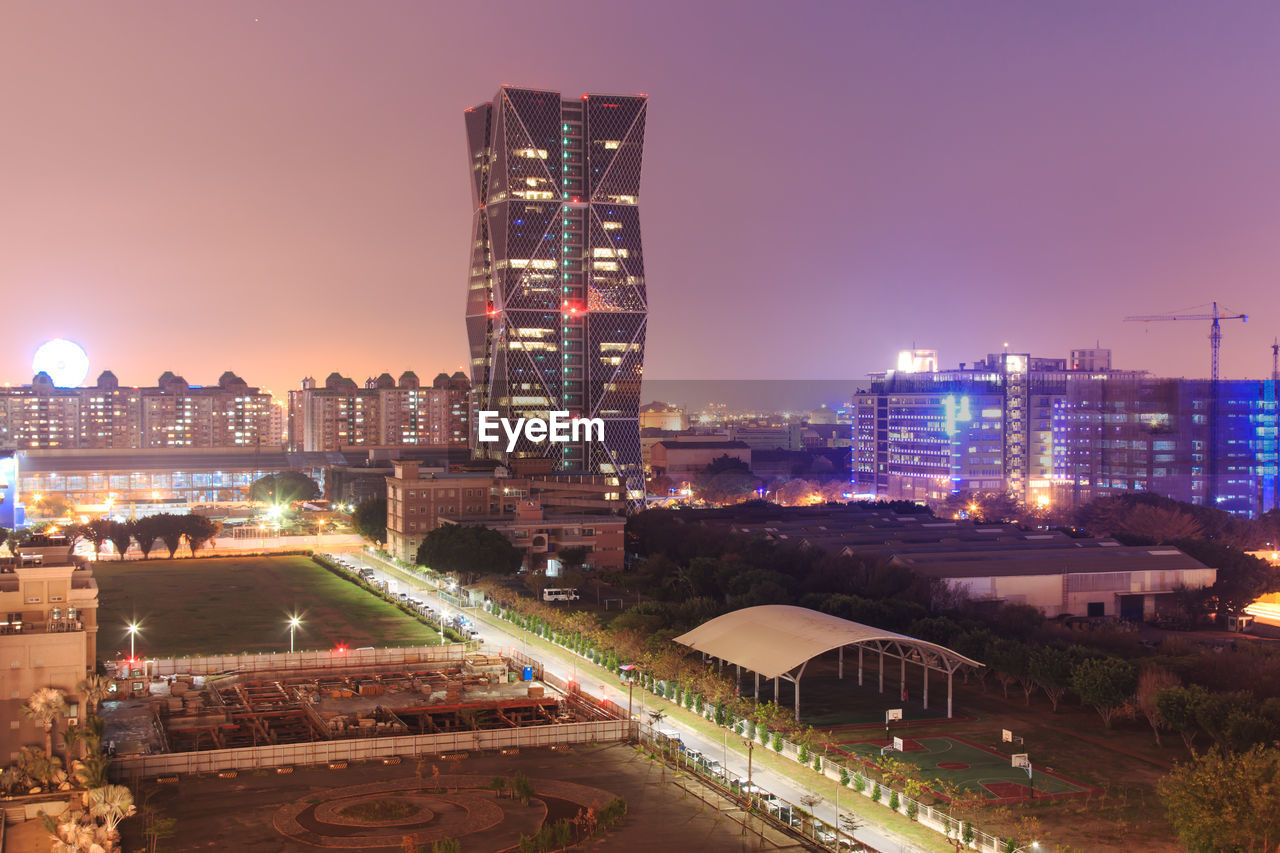 High angle shot of illuminated buildings