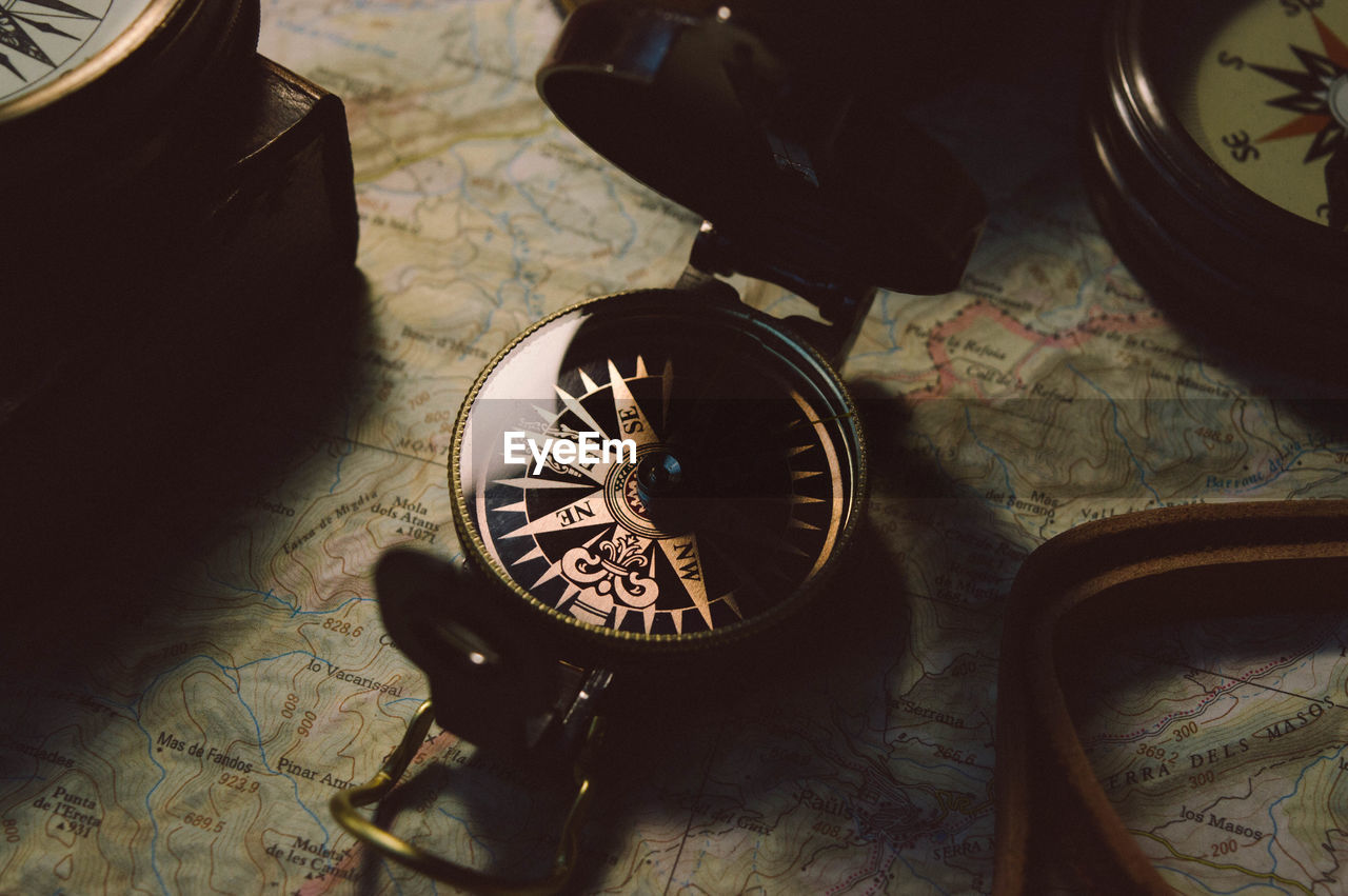 Close-up of navigational compass on map