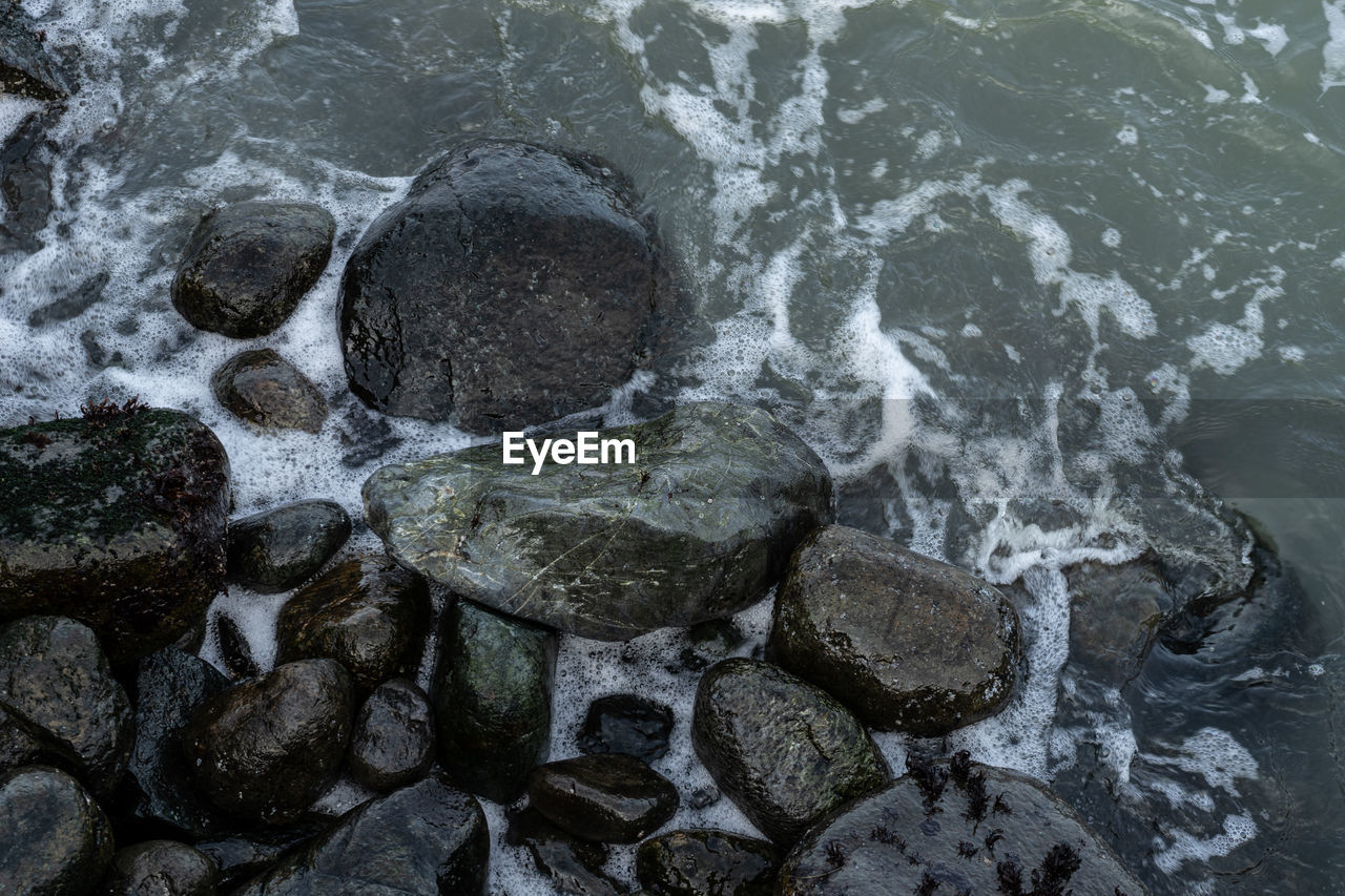 HIGH ANGLE VIEW OF ROCKS IN SEA