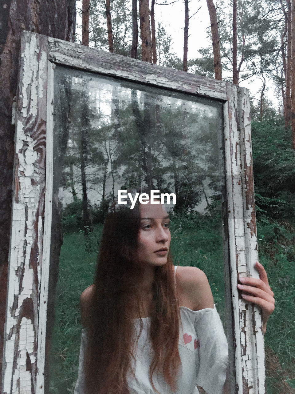 Young woman looking through window glass in forest