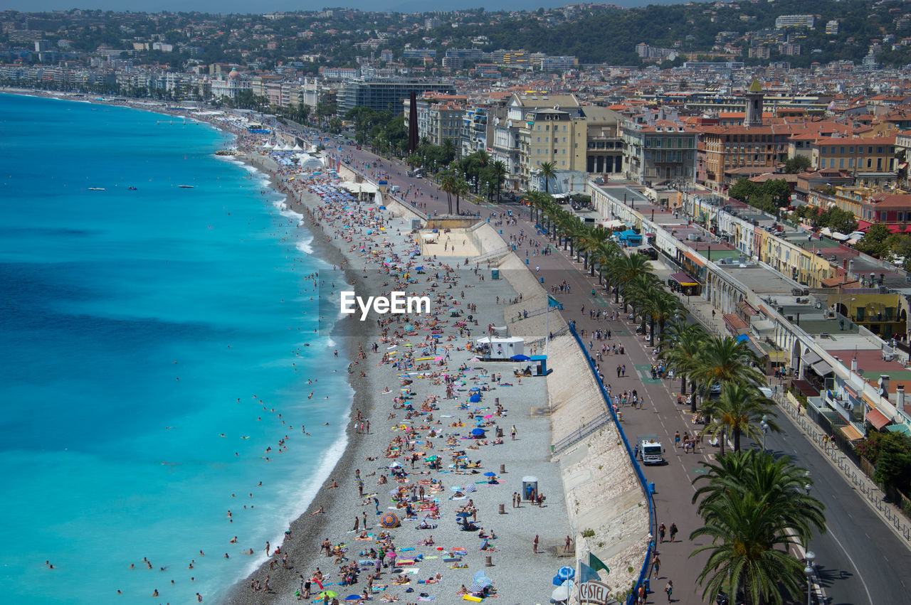 High angle view of crowd on beach