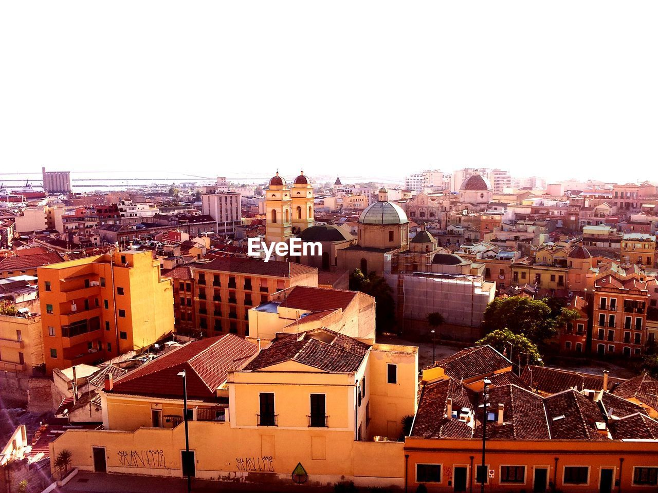 High angle view of buildings against clear sky