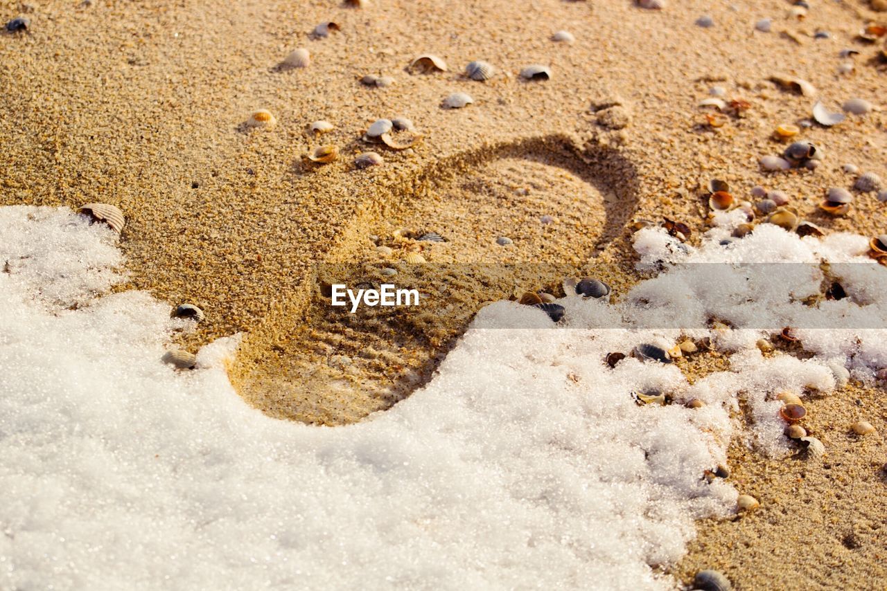High angle view of footprint on sand by snow during sunny day
