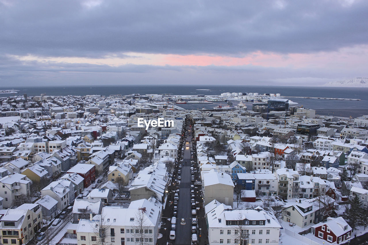 High angle view of snow covered house