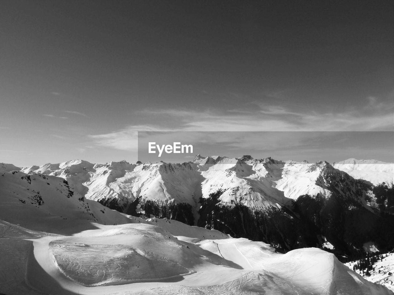 Scenic view of snow covered mountains against sky