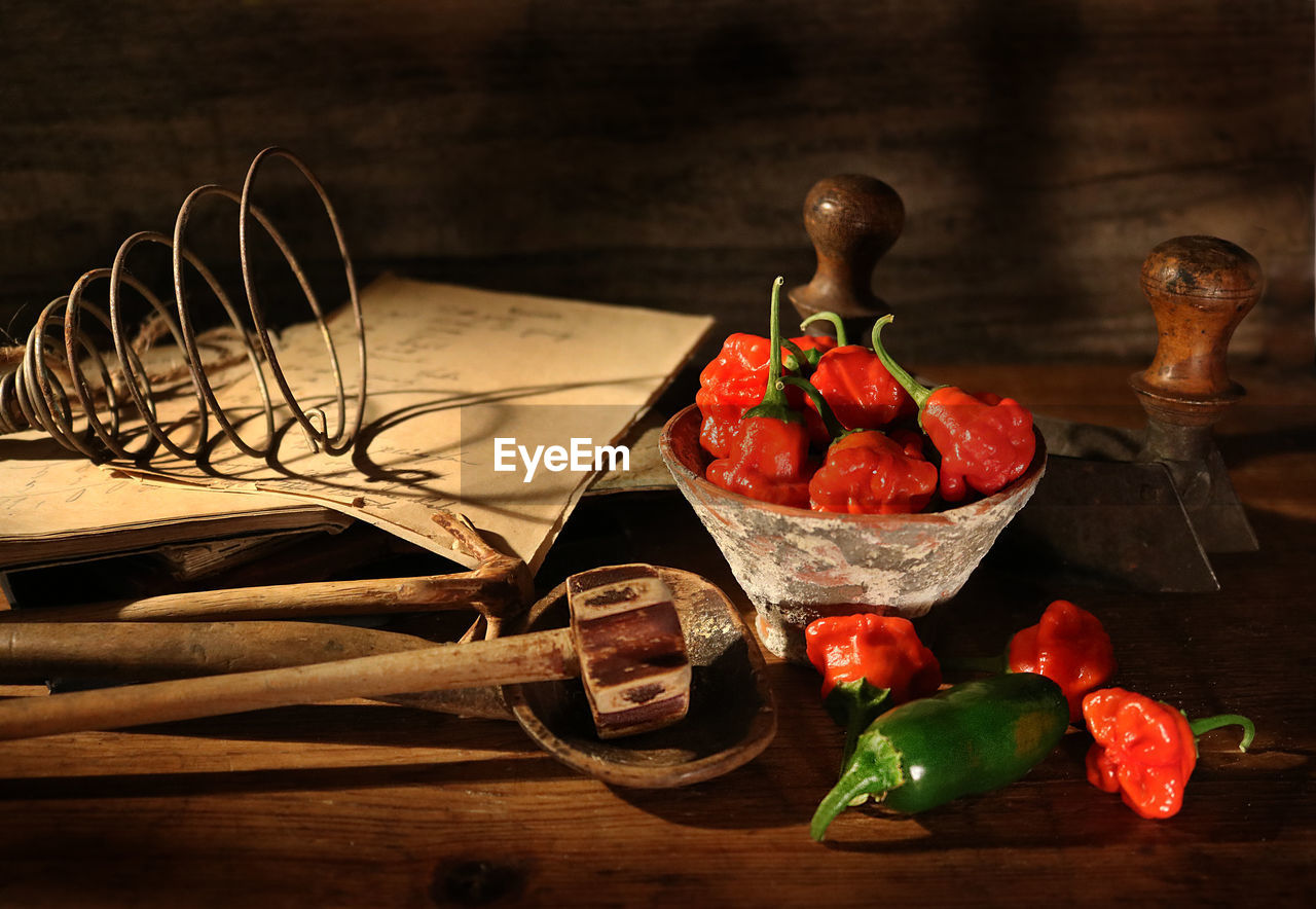 HIGH ANGLE VIEW OF FRESH FRUITS IN BOWL ON TABLE