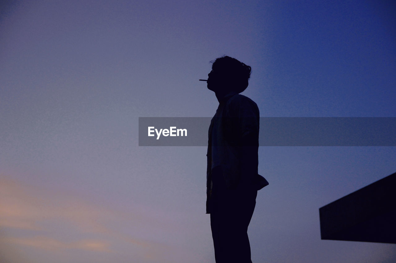 low angle view of man standing against sky during sunset