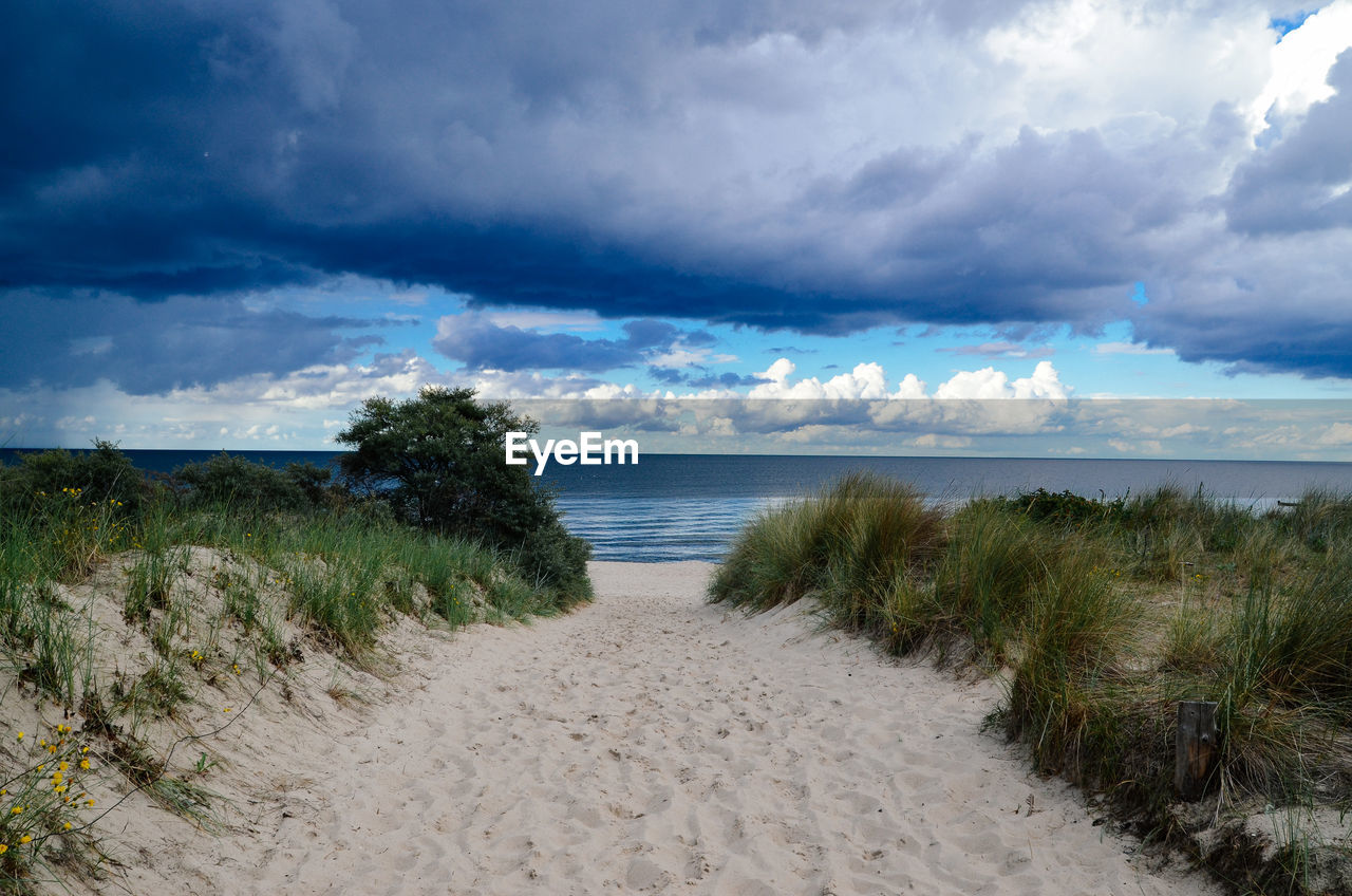 Footpath amidst grass at beach against cloudy sky