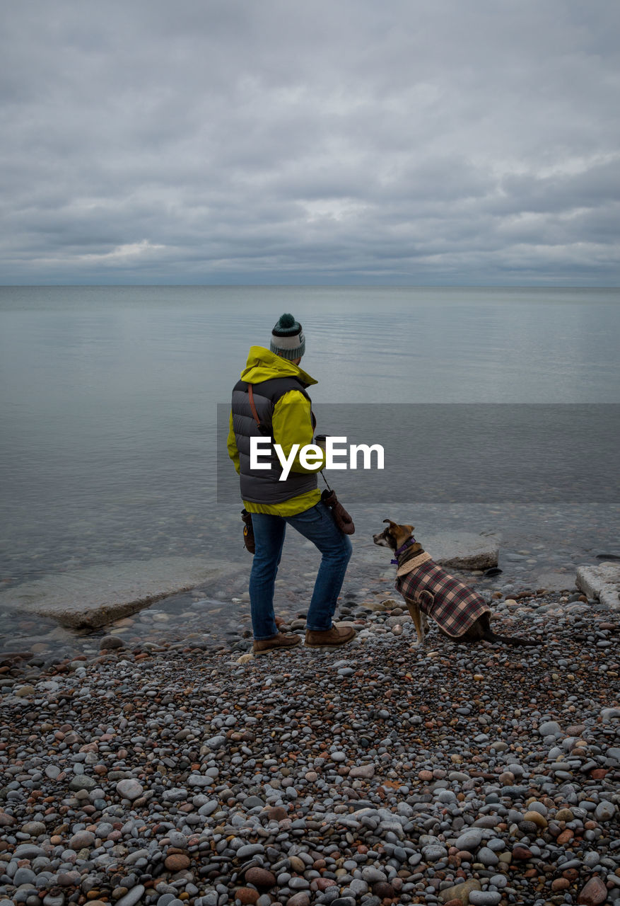 rear view of man walking on beach against sky