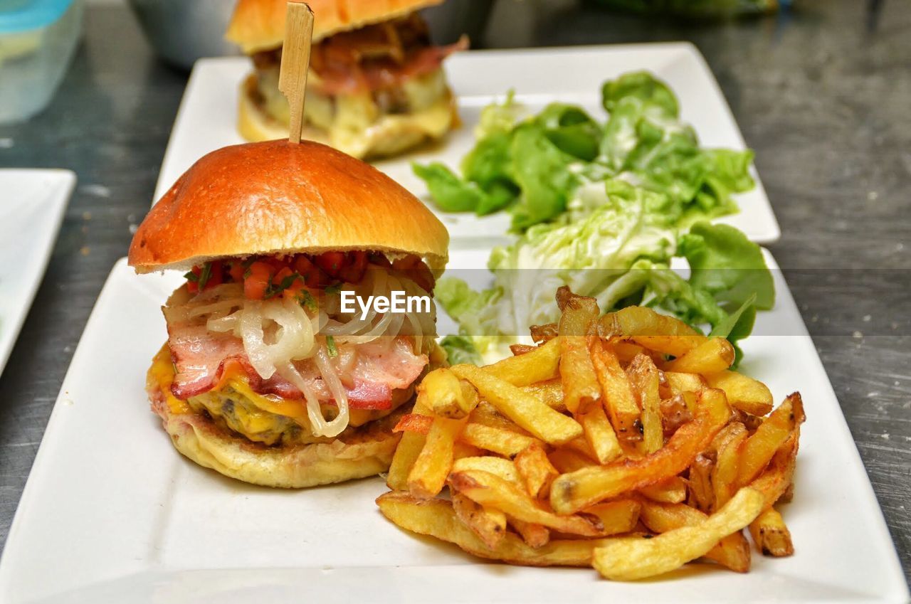 Hamburger and french fries in plate