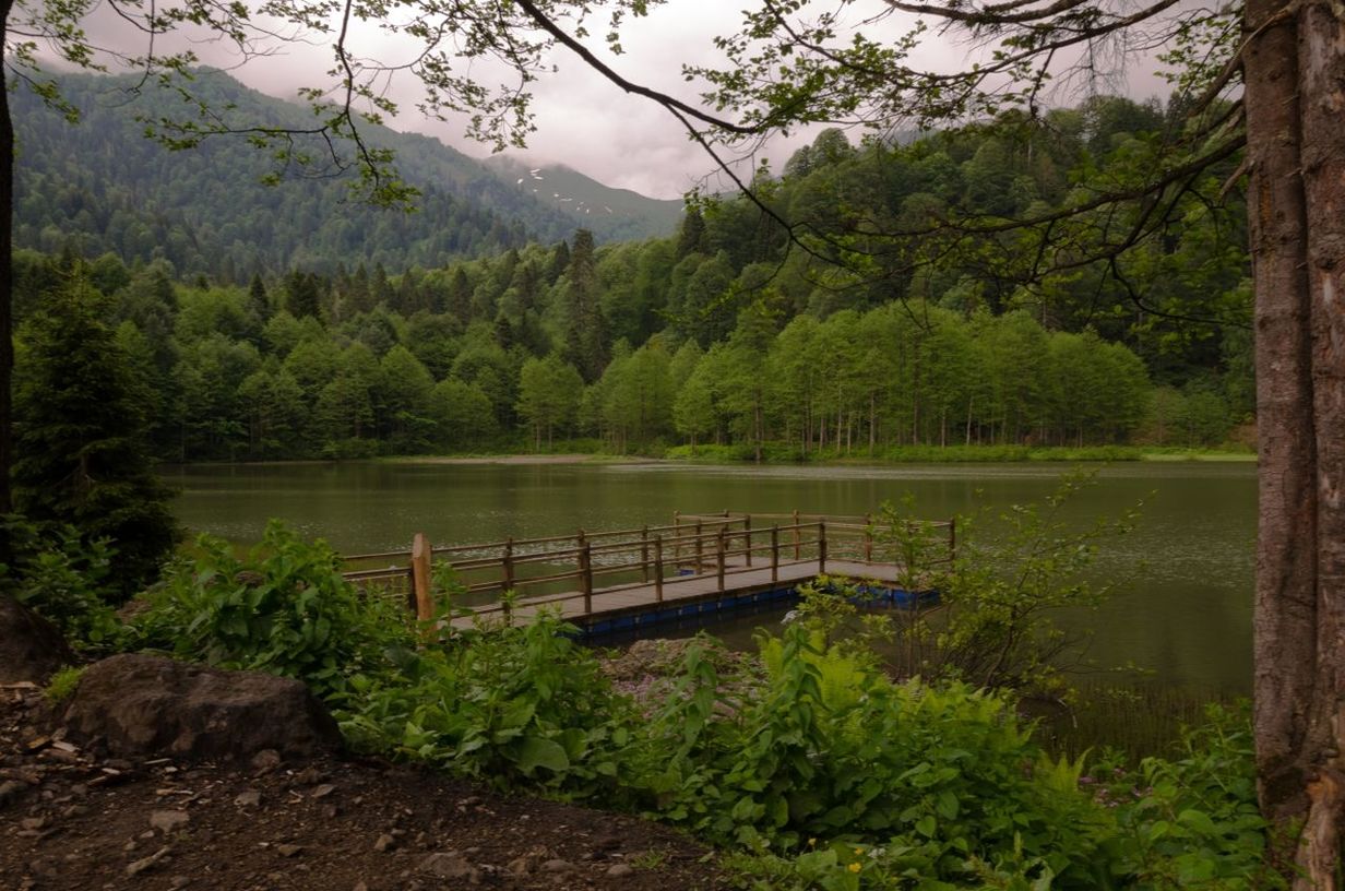 Pier by river with mountain in background