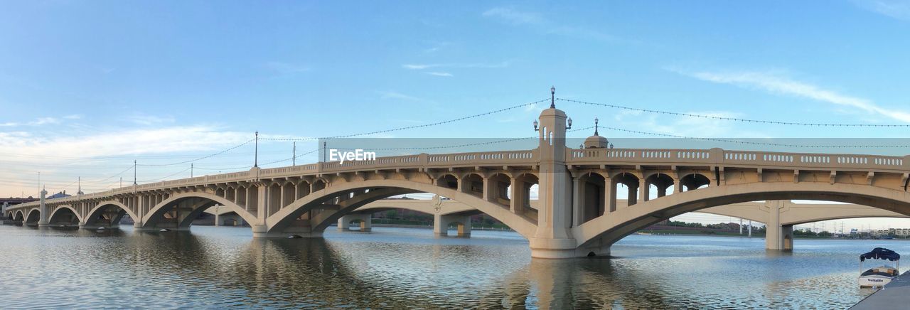 BRIDGE OVER CALM RIVER AGAINST SKY