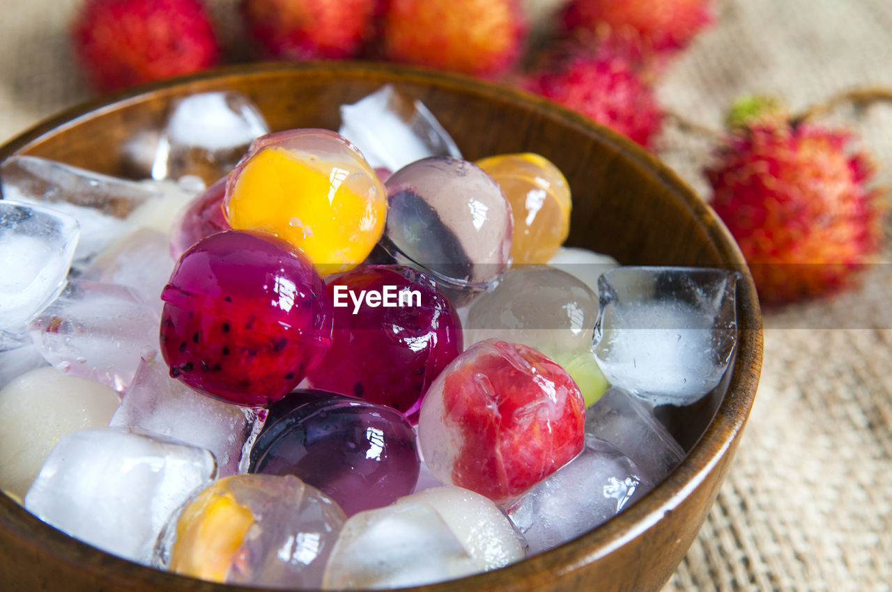 Close-up of fruit jelly in bowl on table