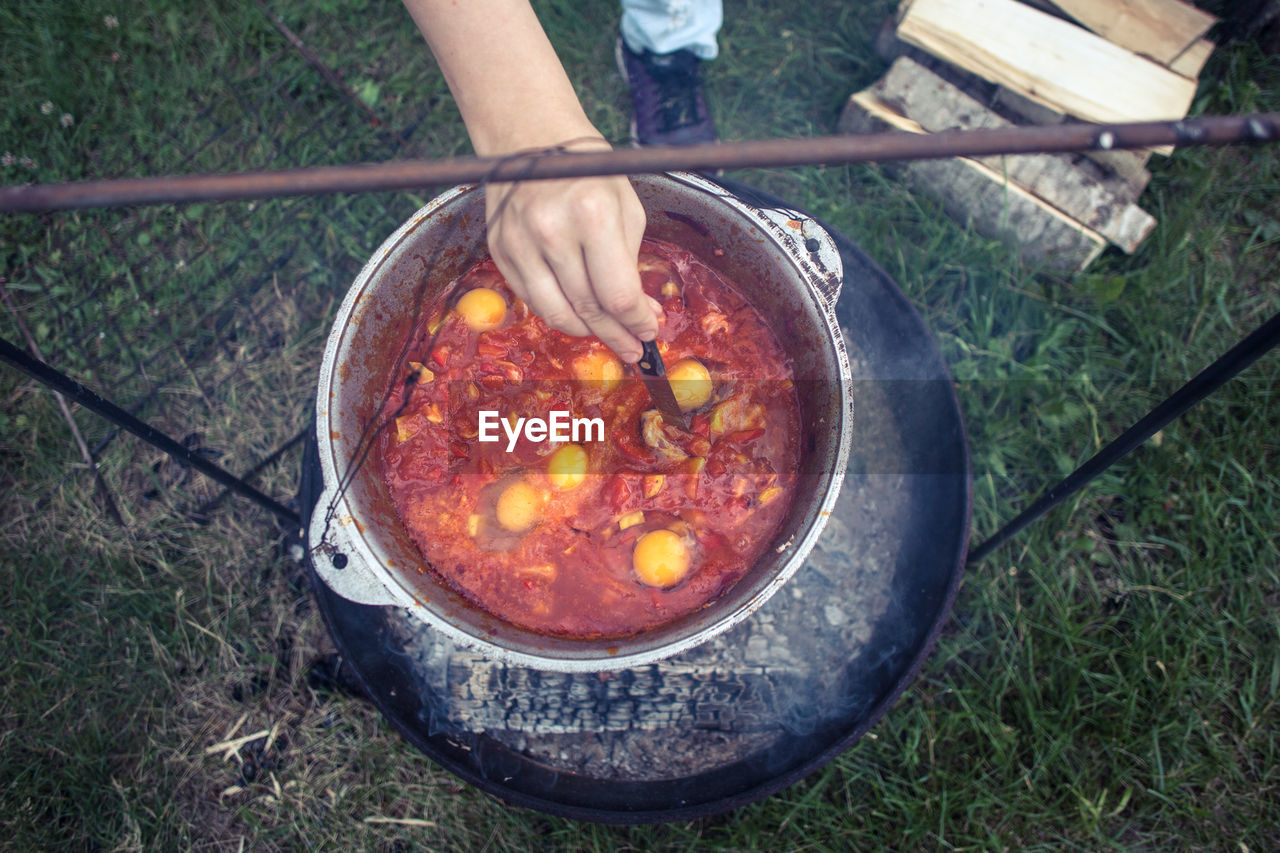 HIGH ANGLE VIEW OF MEAT ON BARBECUE