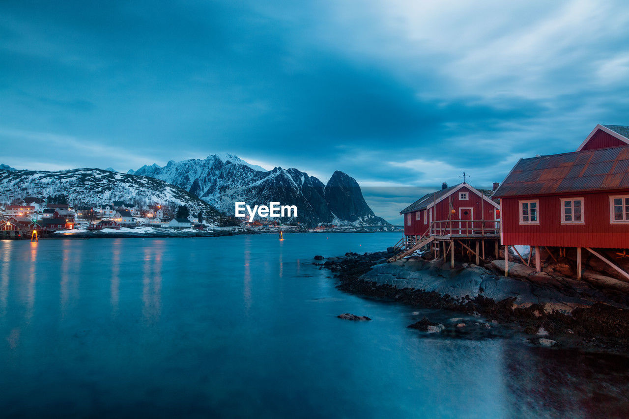 Fishing hut on edge of the fjord in reine, norway.