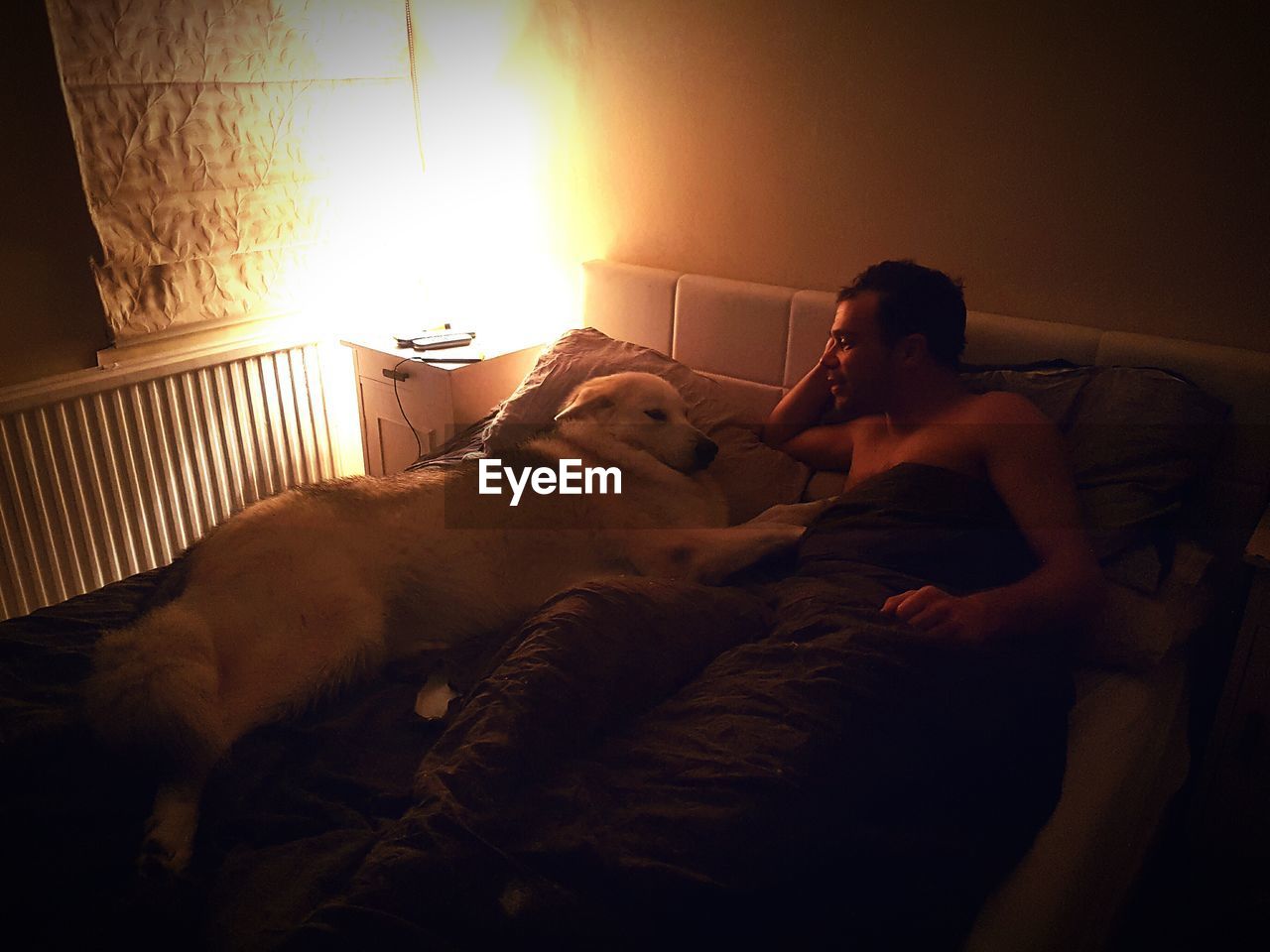 Man with dog lying down on bed at home