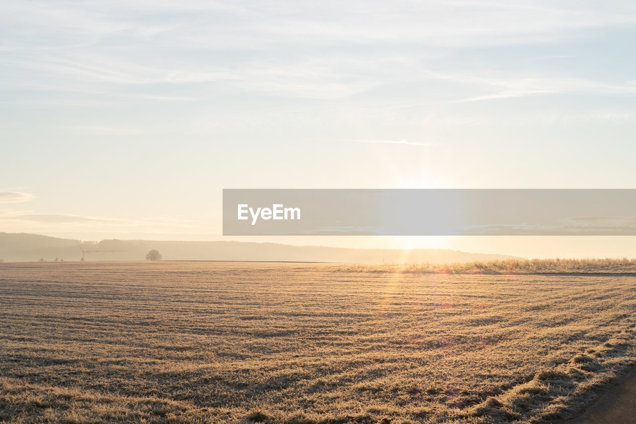 SCENIC VIEW OF FIELD AGAINST SKY AT SUNSET