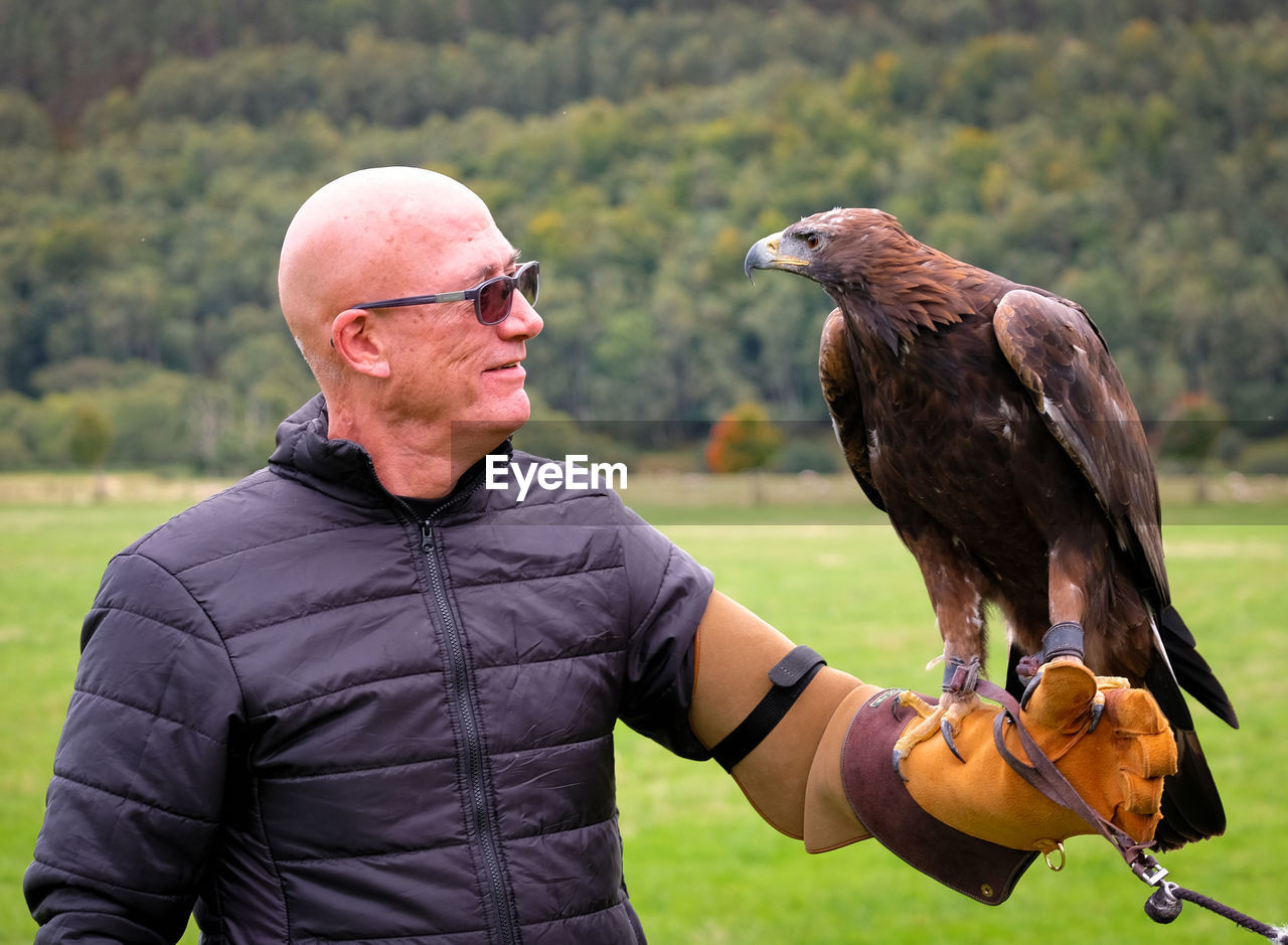 Senior man holding eagle while standing against trees in forest