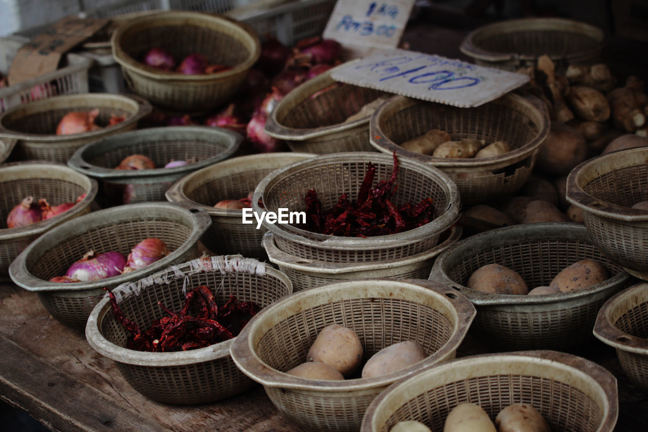 High angle view of vegetables for sale at market stall