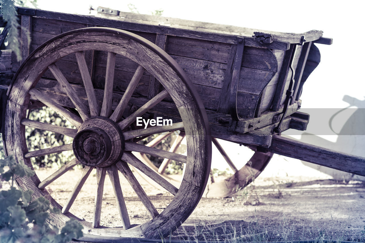 Close-up of horsedrawn wagon wheel