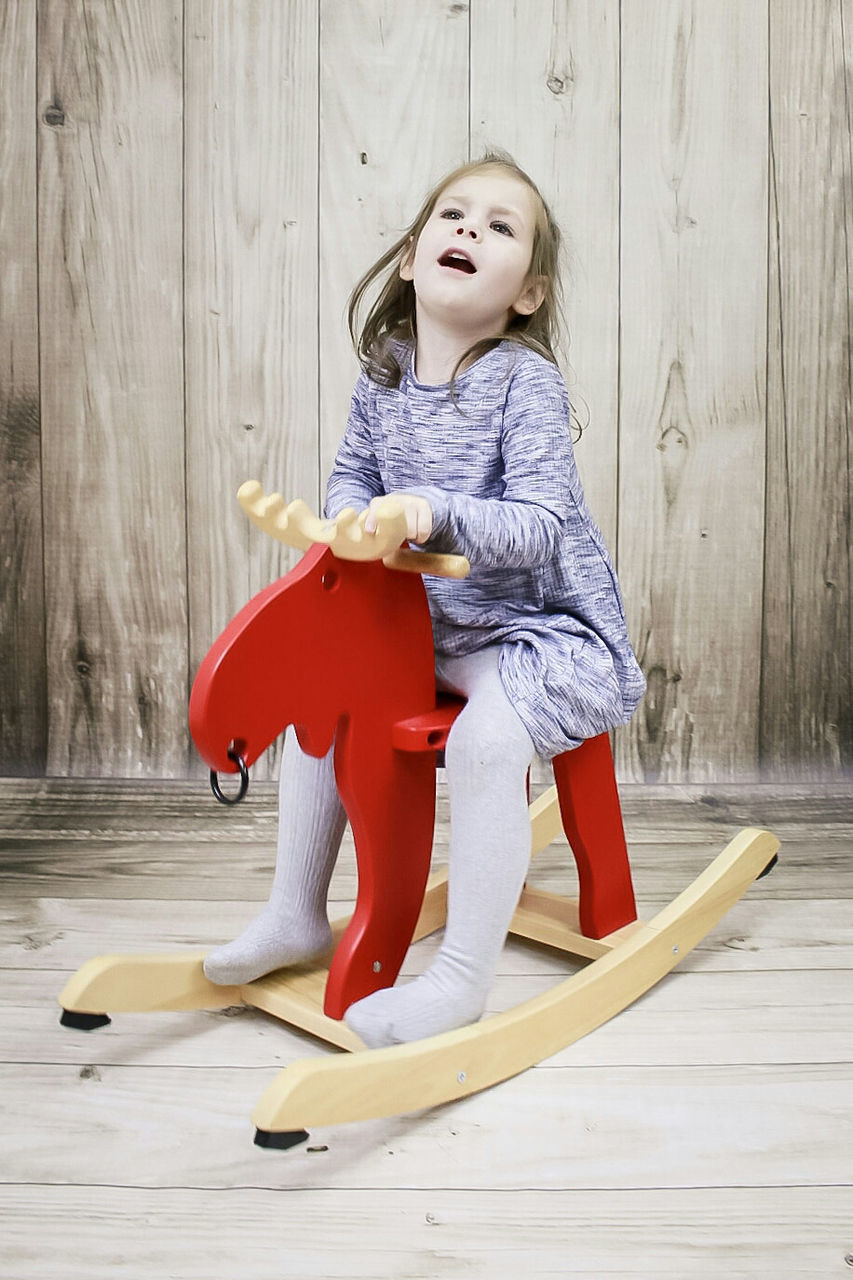 Cute girl sitting on wooden rocking horse