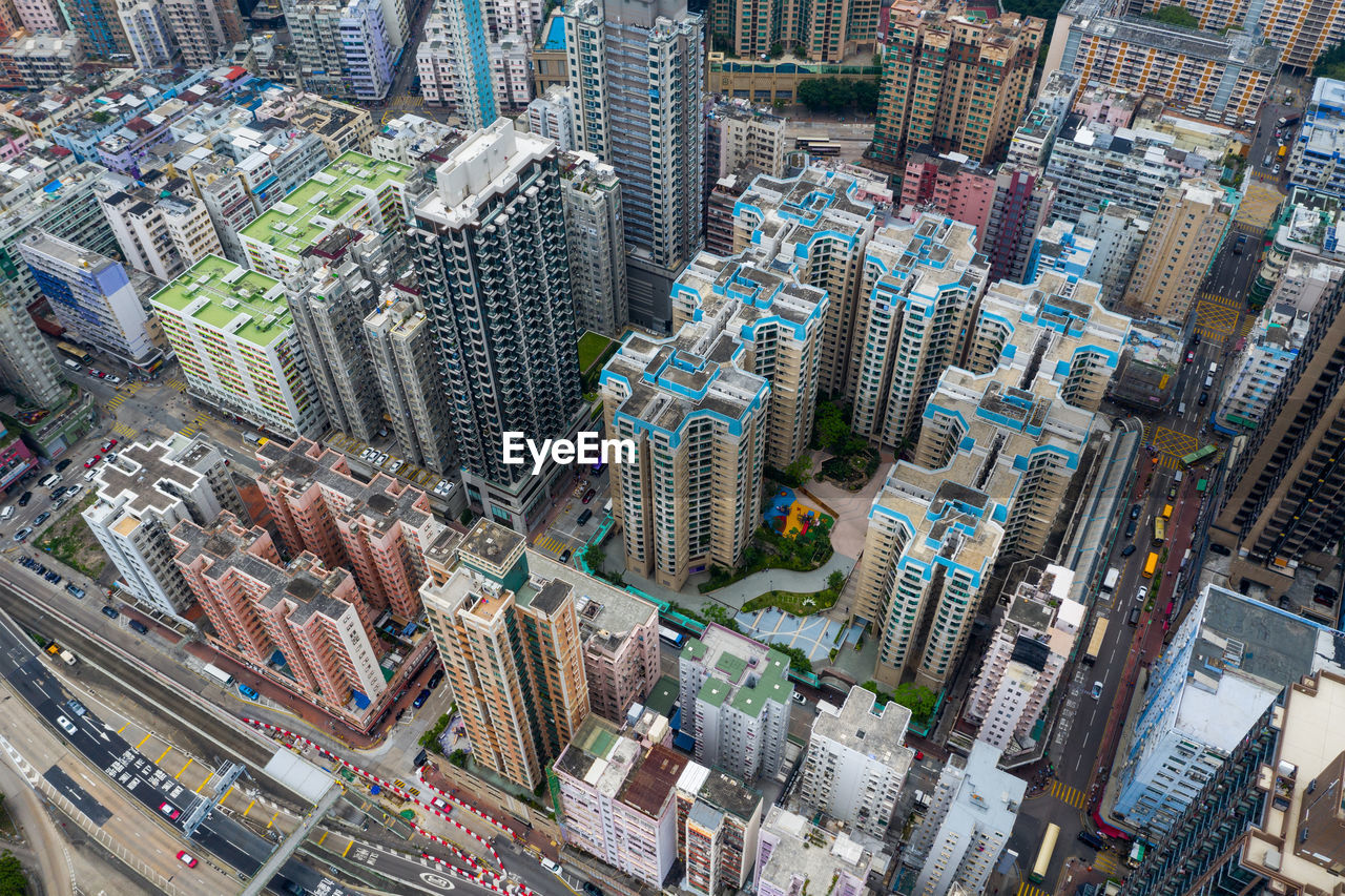 High angle view of modern buildings in city