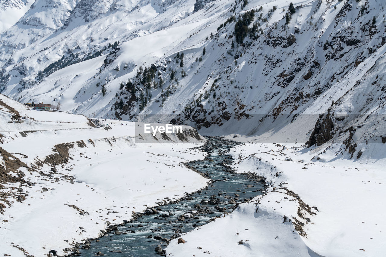 Scenic view of snow covered mountains and river