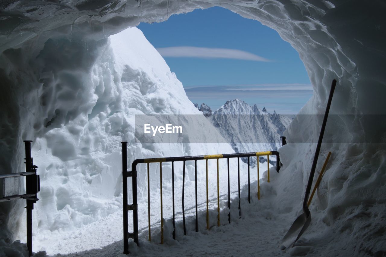 Scenic view of snowcapped mountains by sea against sky