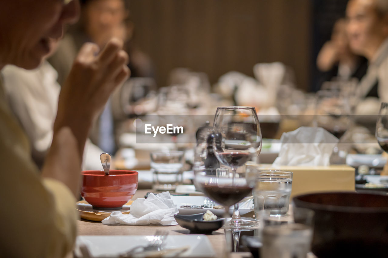 Wine glasses on the dining table in a fine restaurant