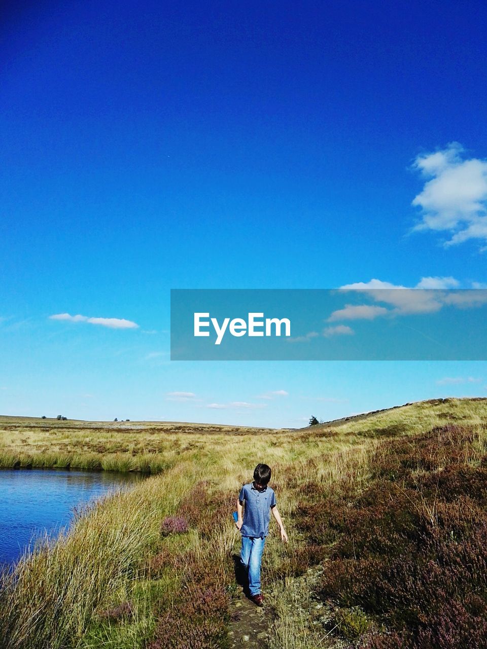 Full length of boy walking on grassy field by pond against blue sky