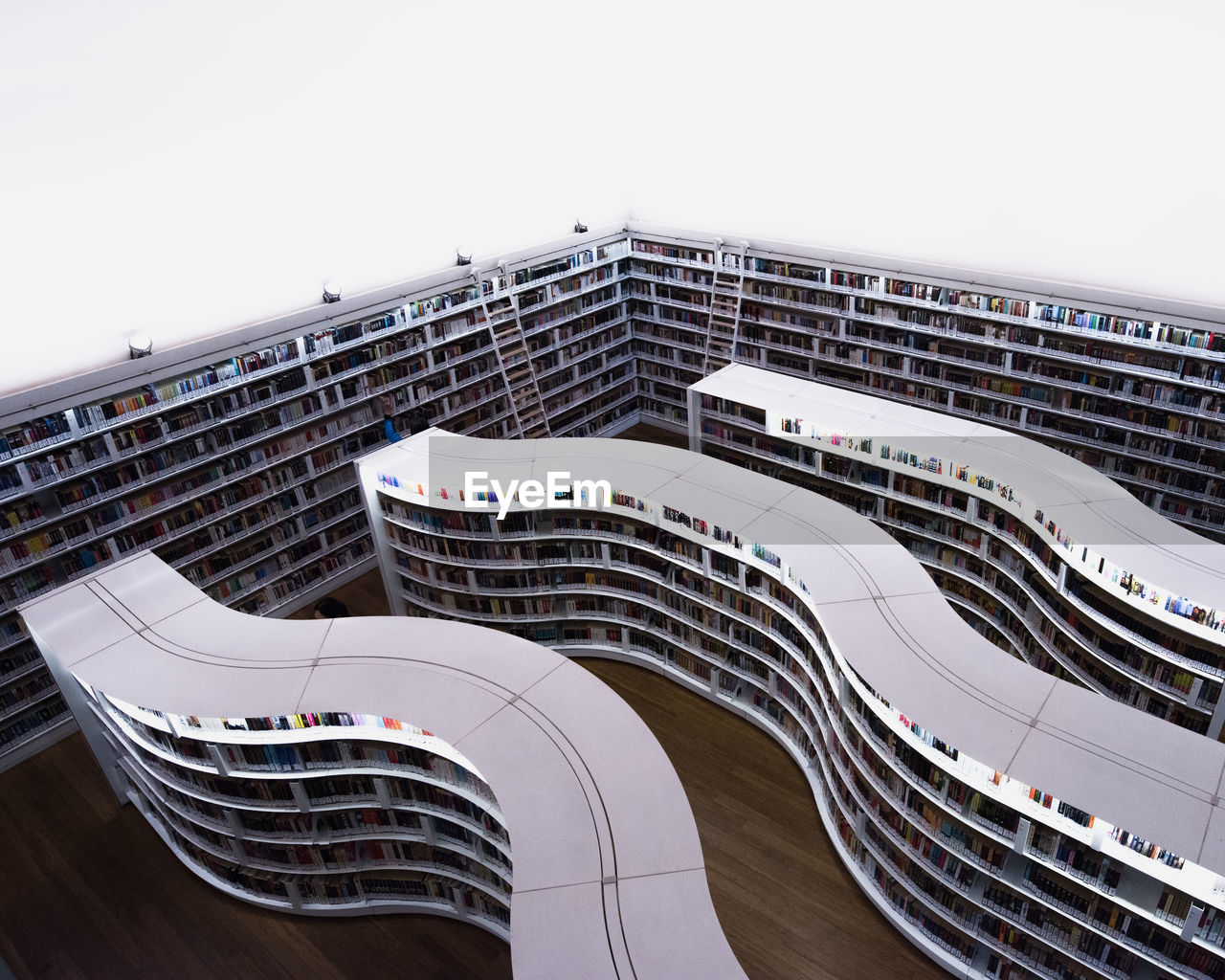 High angle view of book shelves in library