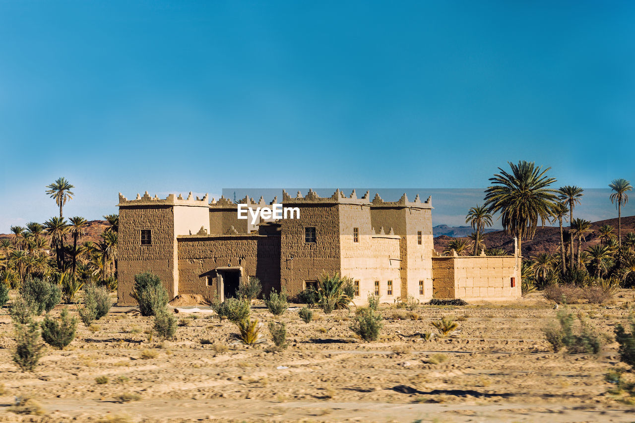 Berber traditional house with palm tree on sahara desert ouarzazate, morocco
