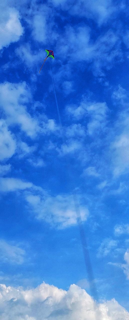 sky, cloud, flying, blue, nature, low angle view, toy, day, mid-air, windsports, kite, air vehicle, beauty in nature, outdoors, kite sports, sports, airplane, no people, transportation, environment, kite - toy, scenics - nature, adventure