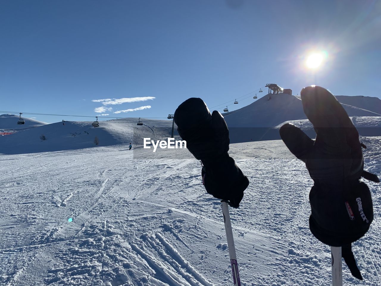 REAR VIEW OF PEOPLE ON SNOWCAPPED MOUNTAIN AGAINST SKY DURING WINTER