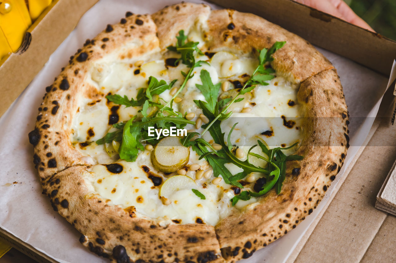 High angle view of pizza on table