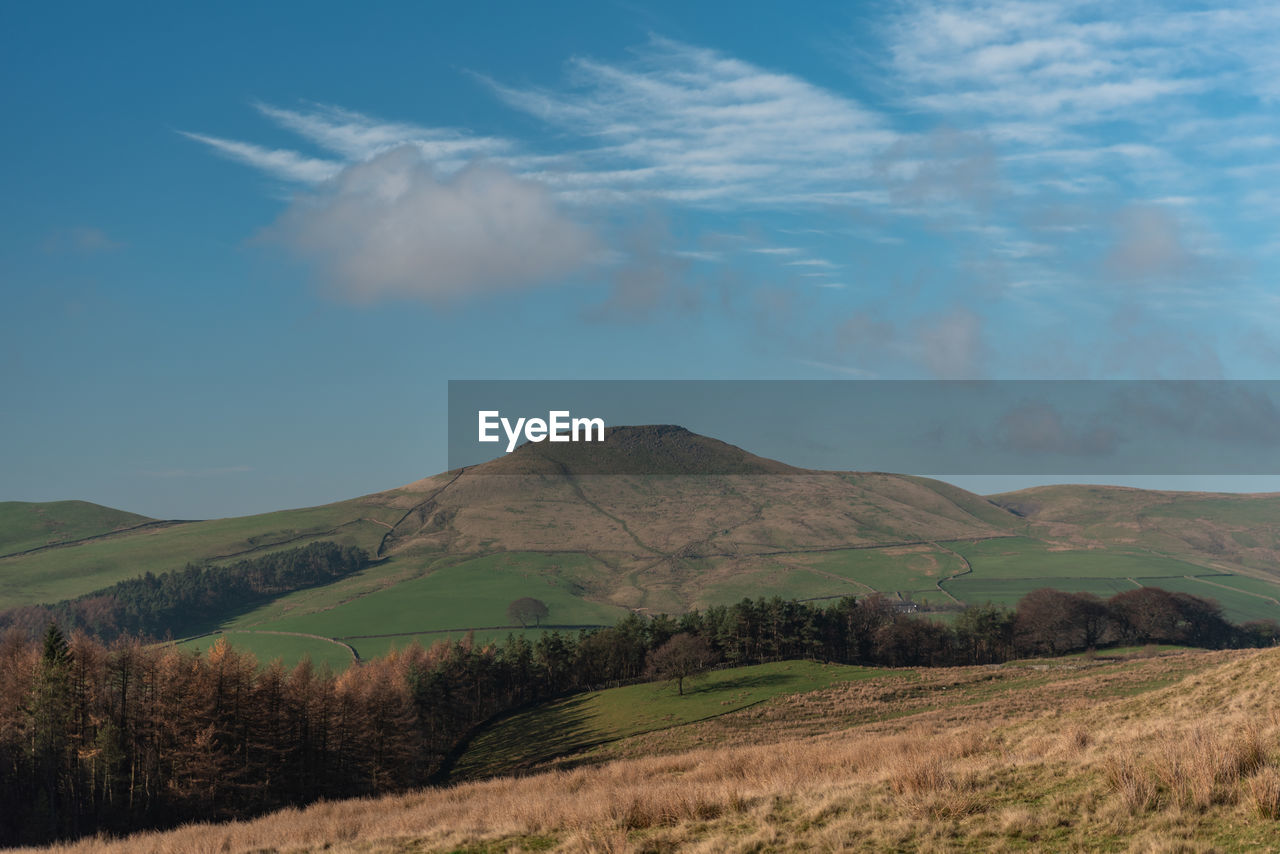 View to a distant shutlingsloe hill in cheshire, peak district national park.