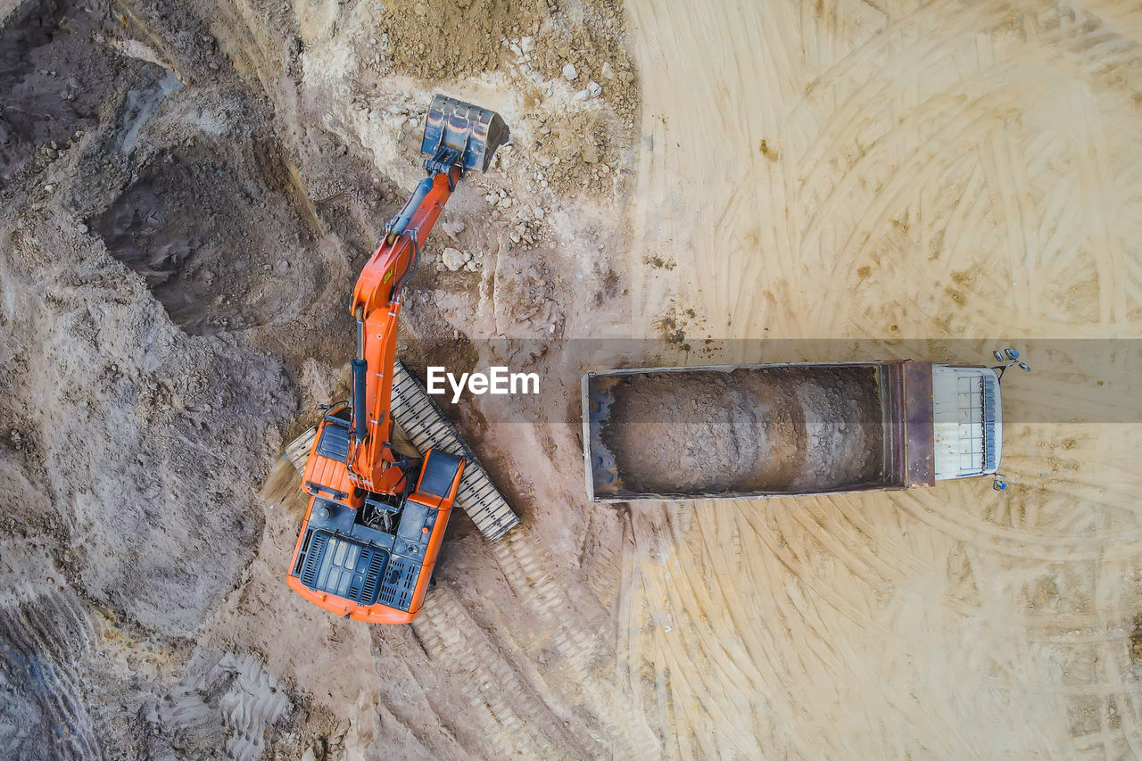 High angle view of equipment on rock at construction site