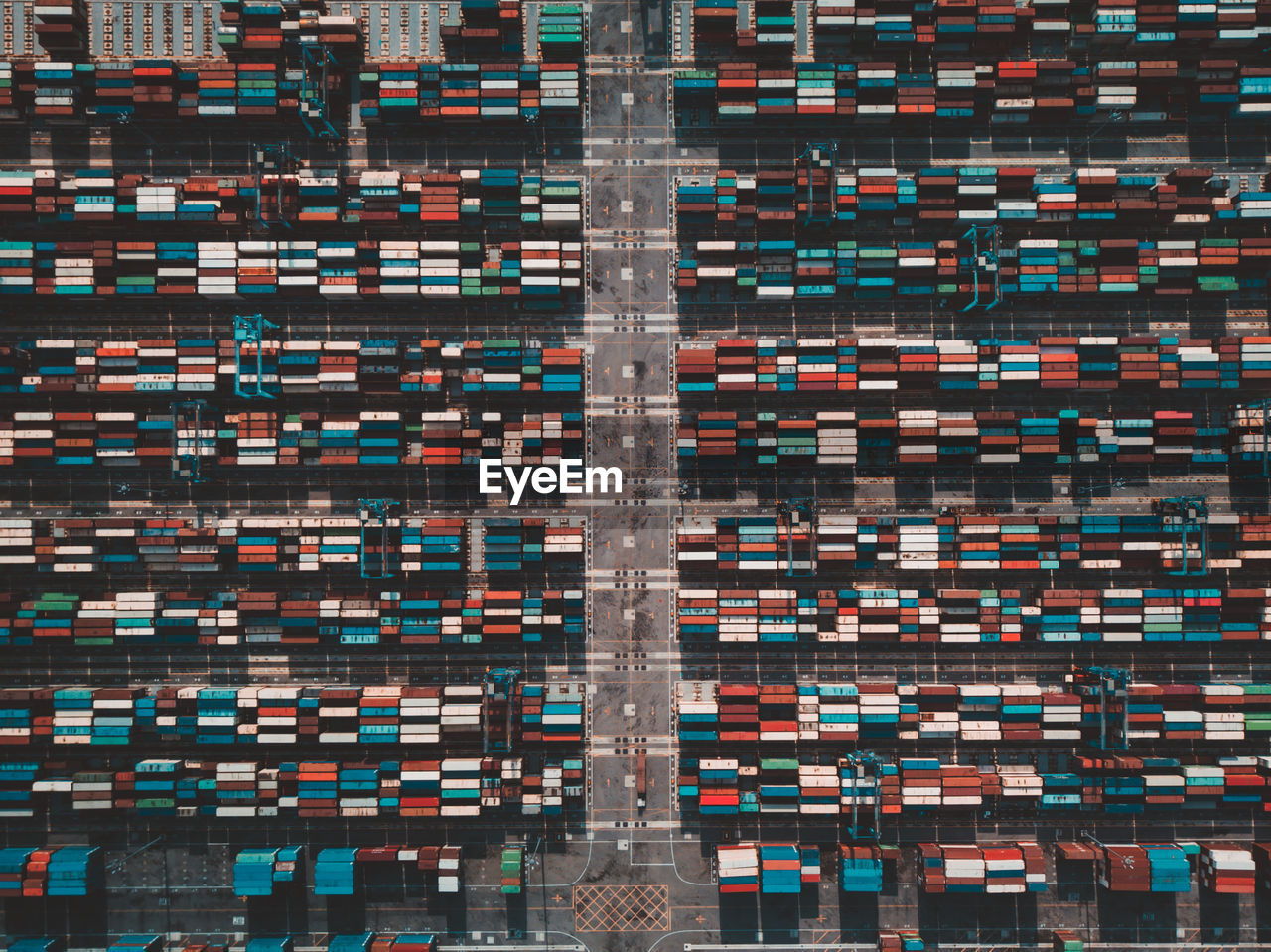 Aerial view of containers at harbor 
