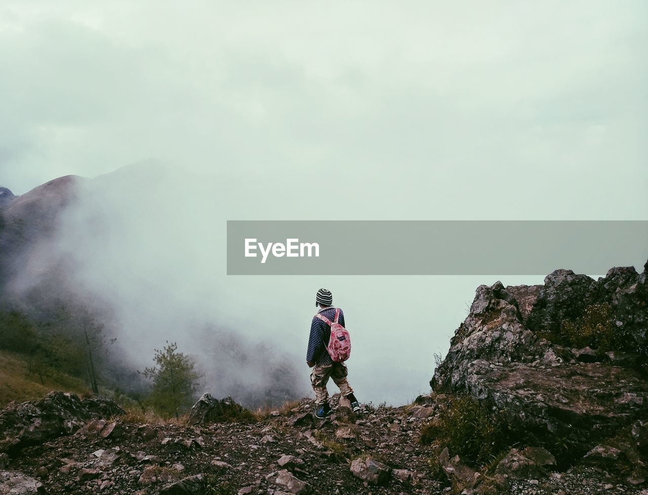 Rear view of man standing on mountain