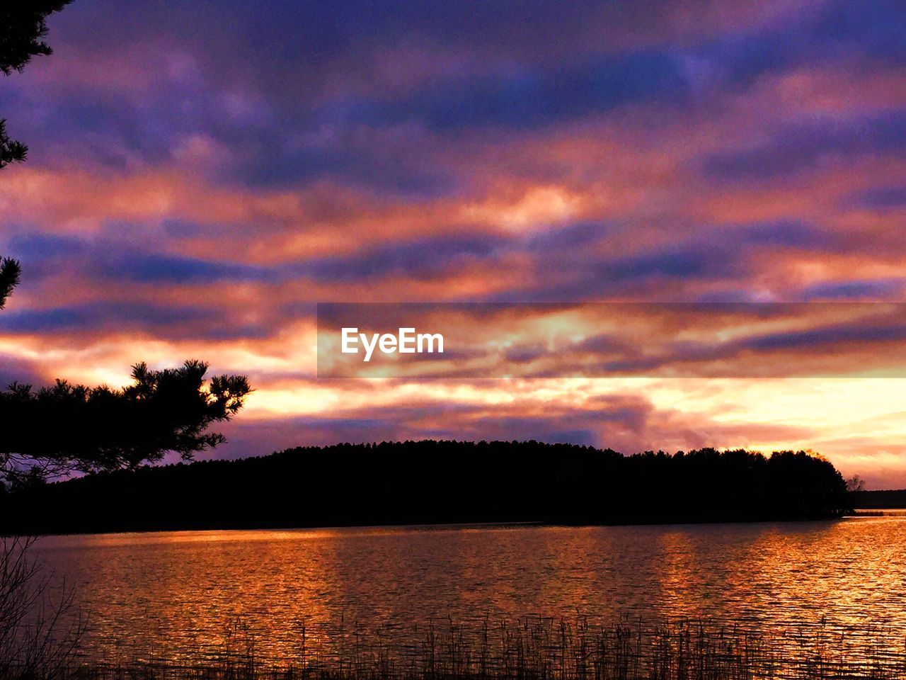 SCENIC VIEW OF LAKE BY SILHOUETTE TREES AGAINST SKY AT SUNSET