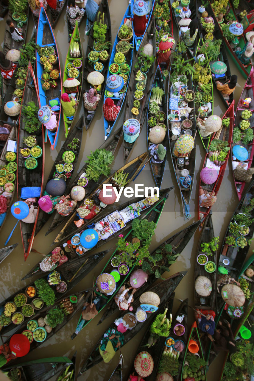 High angle view of vegetables for sale at market stall