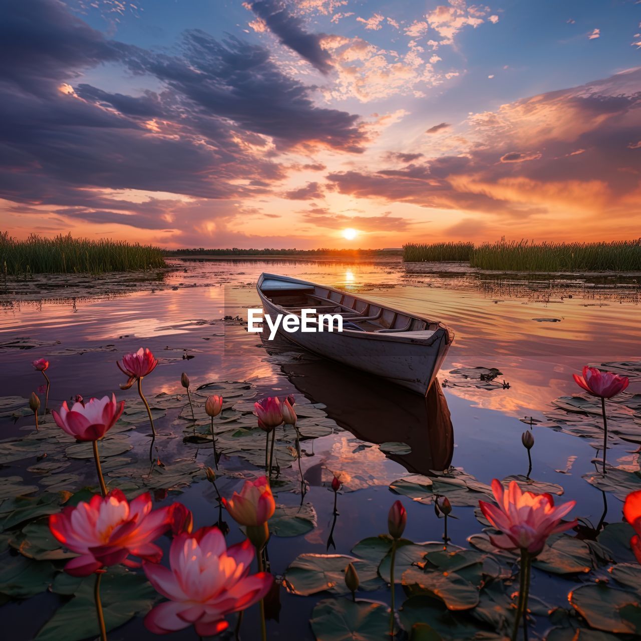 high angle view of boats in lake during sunset