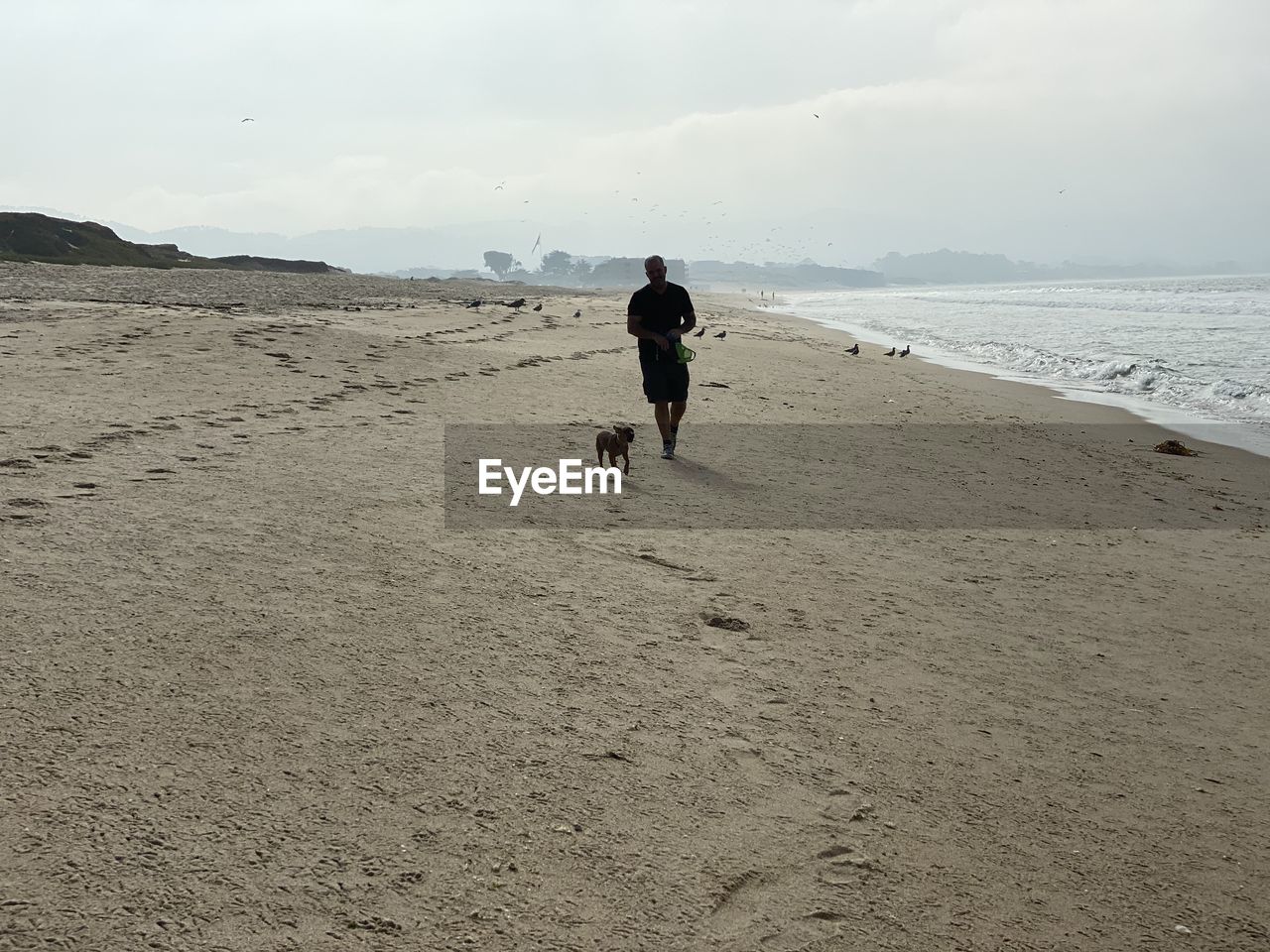 FULL LENGTH REAR VIEW OF MAN WALKING ON BEACH AGAINST SKY