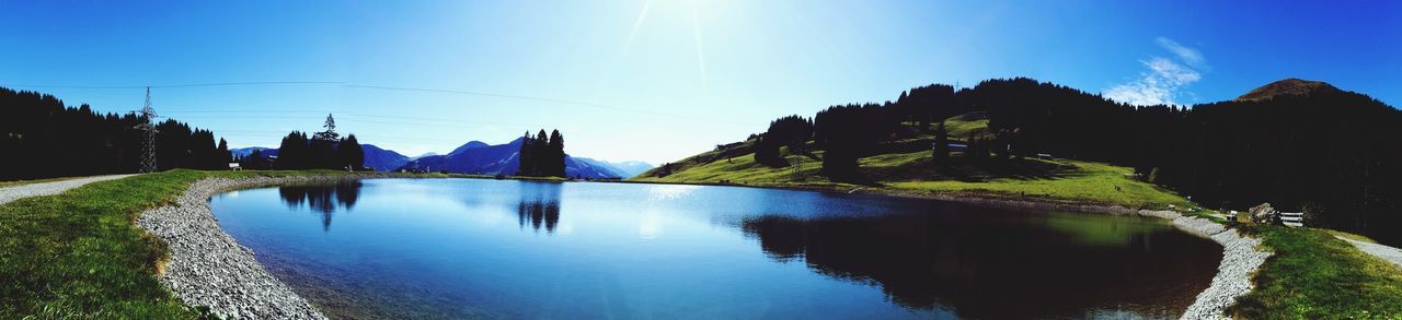 PANORAMIC VIEW OF LAKE AGAINST BLUE SKY