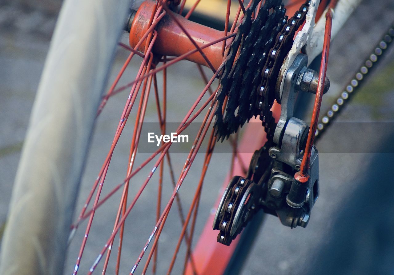 High angle view of bicycles wheel