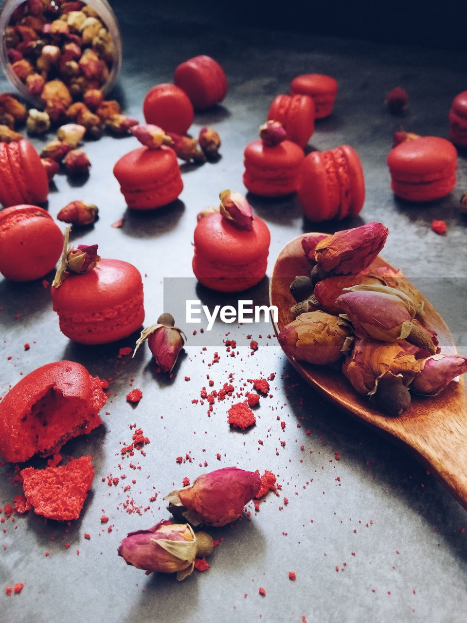 High angle view of macaroons on table