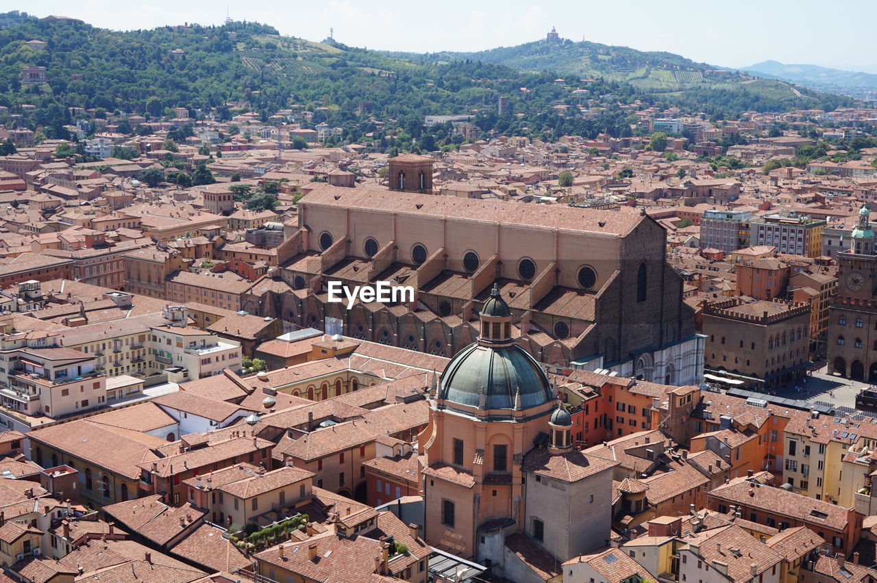 View at basilica of san petronio taken from asinelli tower, bologna, italy