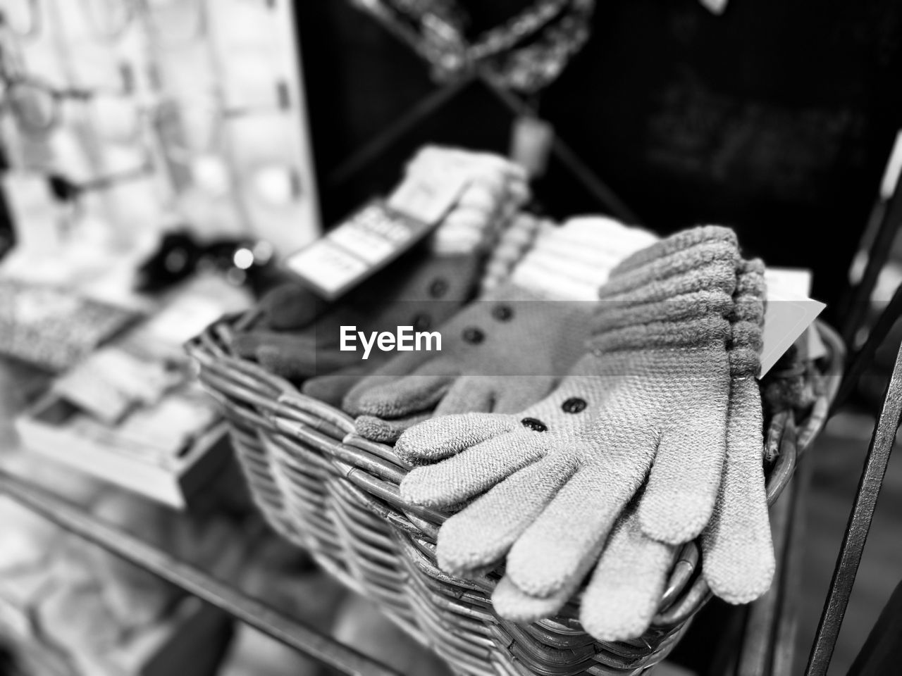 basket, black, black and white, white, focus on foreground, monochrome photography, no people, monochrome, container, retail, close-up, food, store, food and drink, market, day